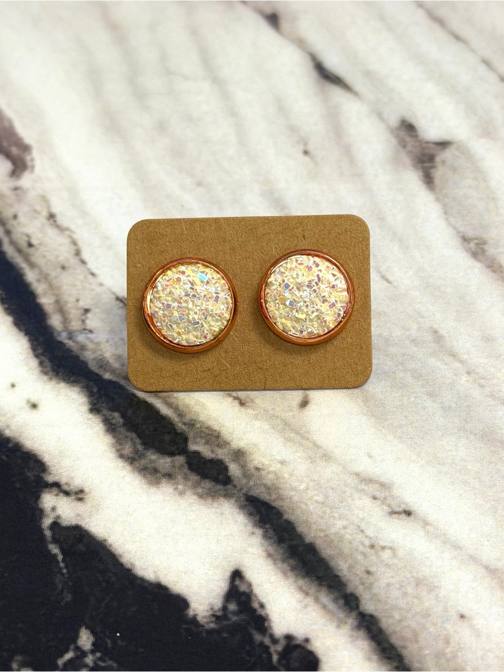 JSCatalog white Iridescent Druzy Round on rose gold Stud Earrings